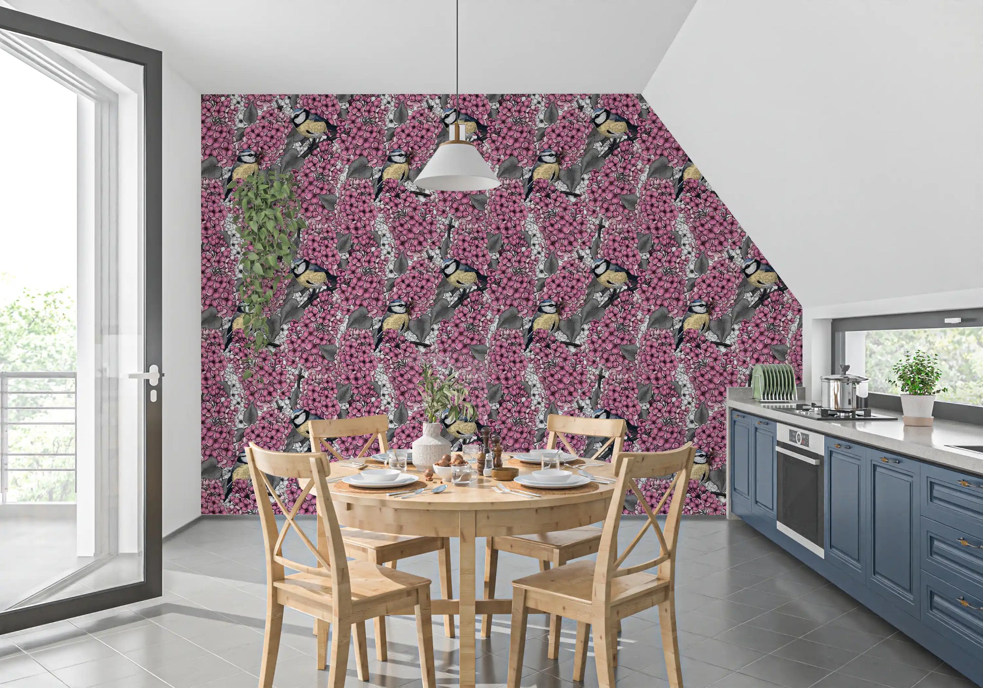 Kitchen and dining room incorporate the Birds in pink lilac garden wallpaper.
