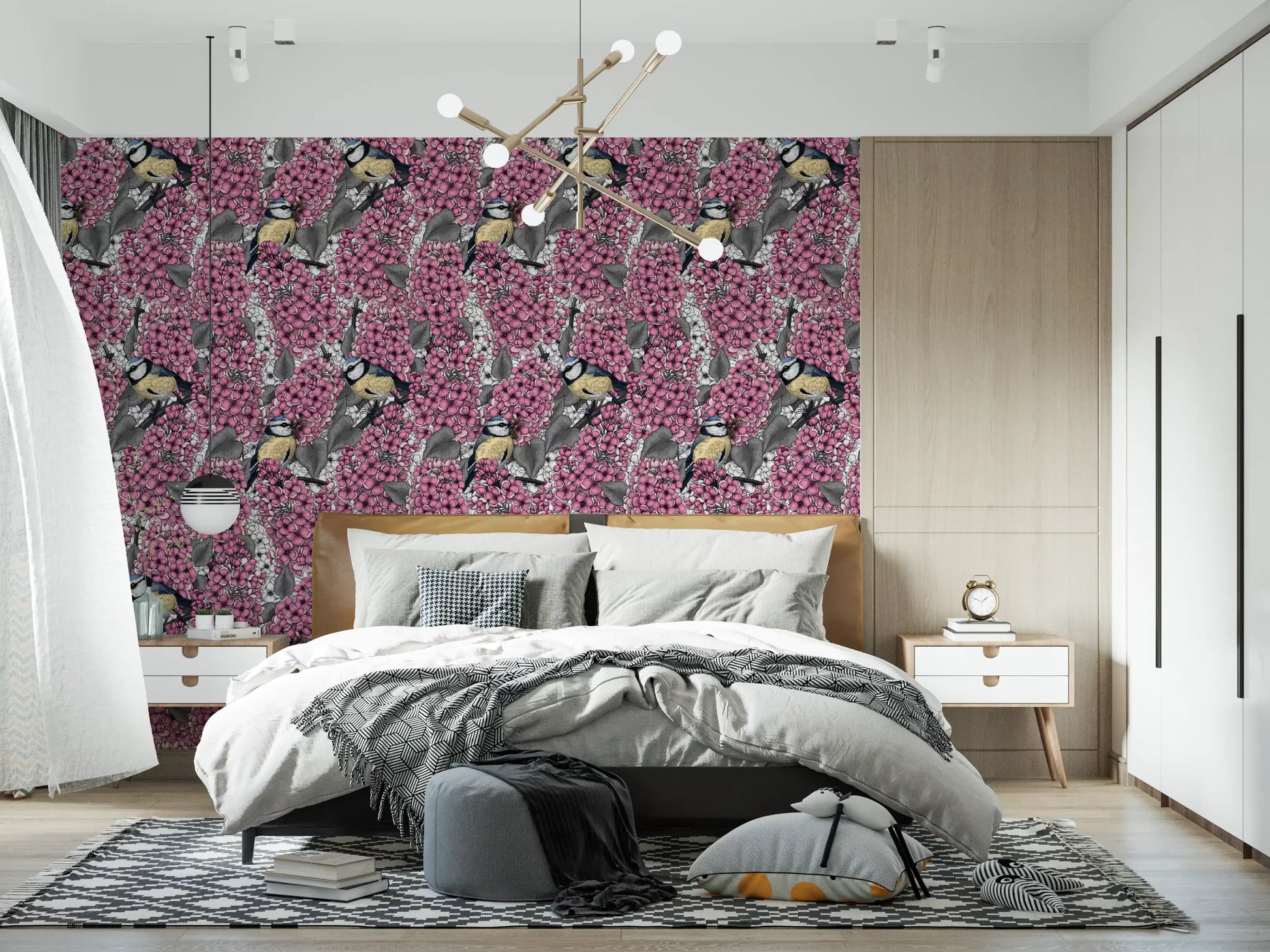 This Bedroom displays the Birds in pink lilac garden wallpaper.