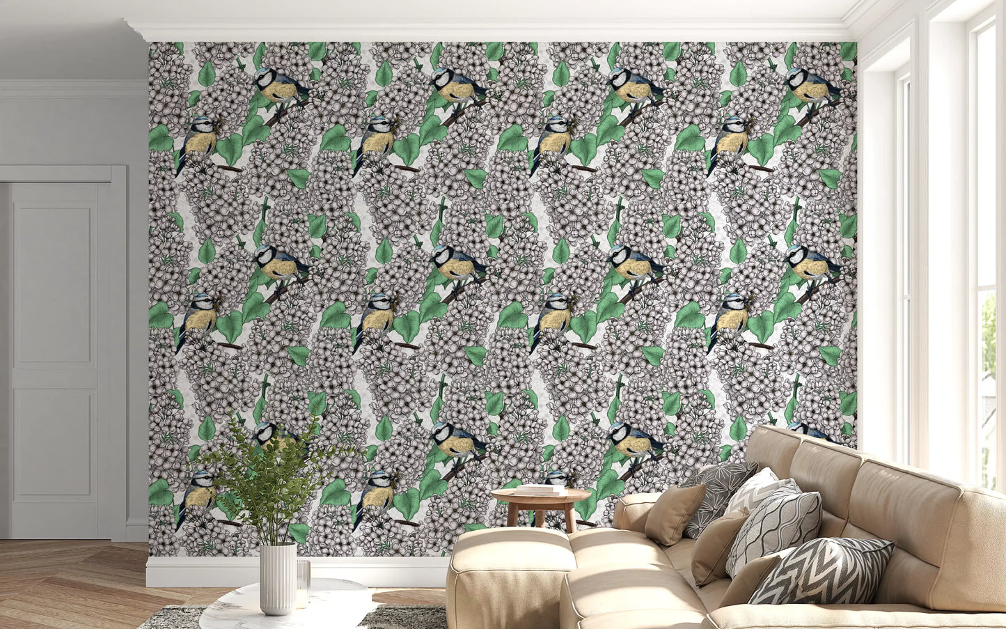 Vibrant green leaves create depth on this nature-inspired botanical wallpaper.