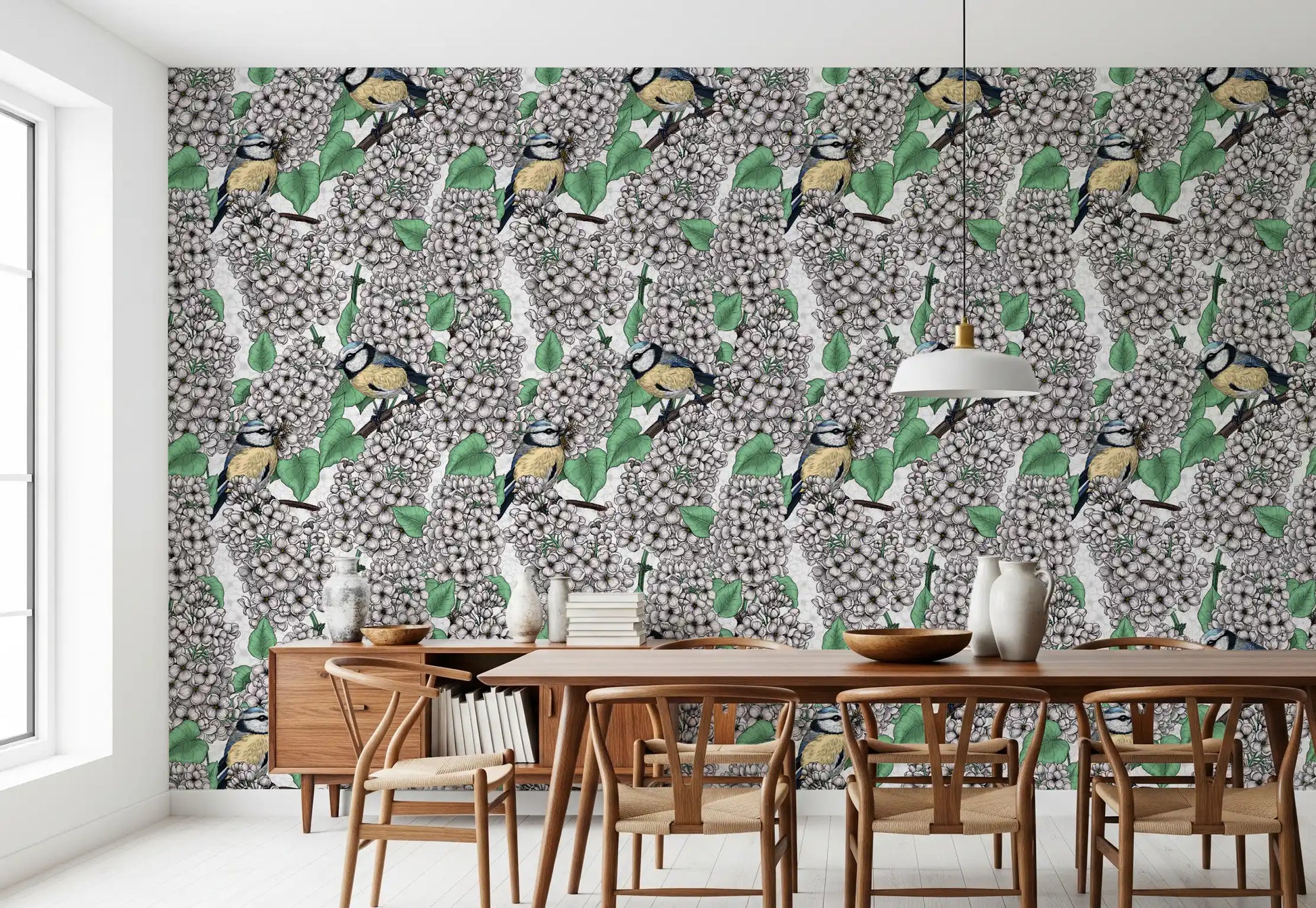 The Birds in the lilac tree, white and green Wallpaper covers the main Dining room space.