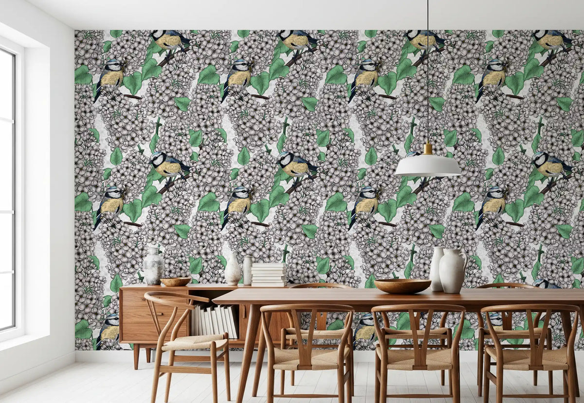 The Birds in the lilac tree, white and green Wallpaper covers the main Dining room space.