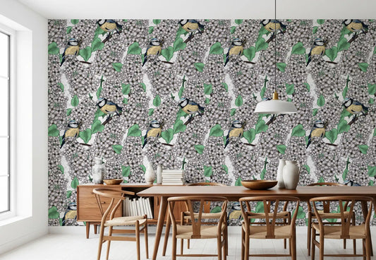 The Birds in the lilac tree, white and green Wallpaper covers the main Dining room space.