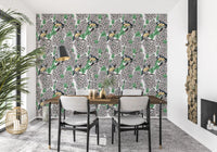 Detailed lilac blooms dominate the Birds in the lilac tree, white and green Wallpaper.