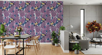 Intricate details define the Birds in violet lilac garden wallpaper pattern.
