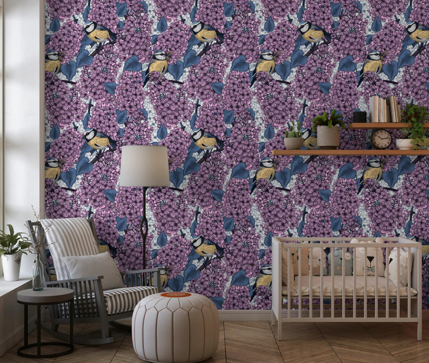 The elegant garden scene transforms the Nursery into a lush floral retreat.
