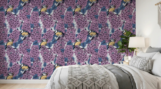 Birds in violet lilac garden wallpaper creates a serene mood in the bedroom.