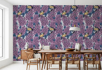 Create a botanical escape with the Birds in Dining room lilac garden wallpaper style.