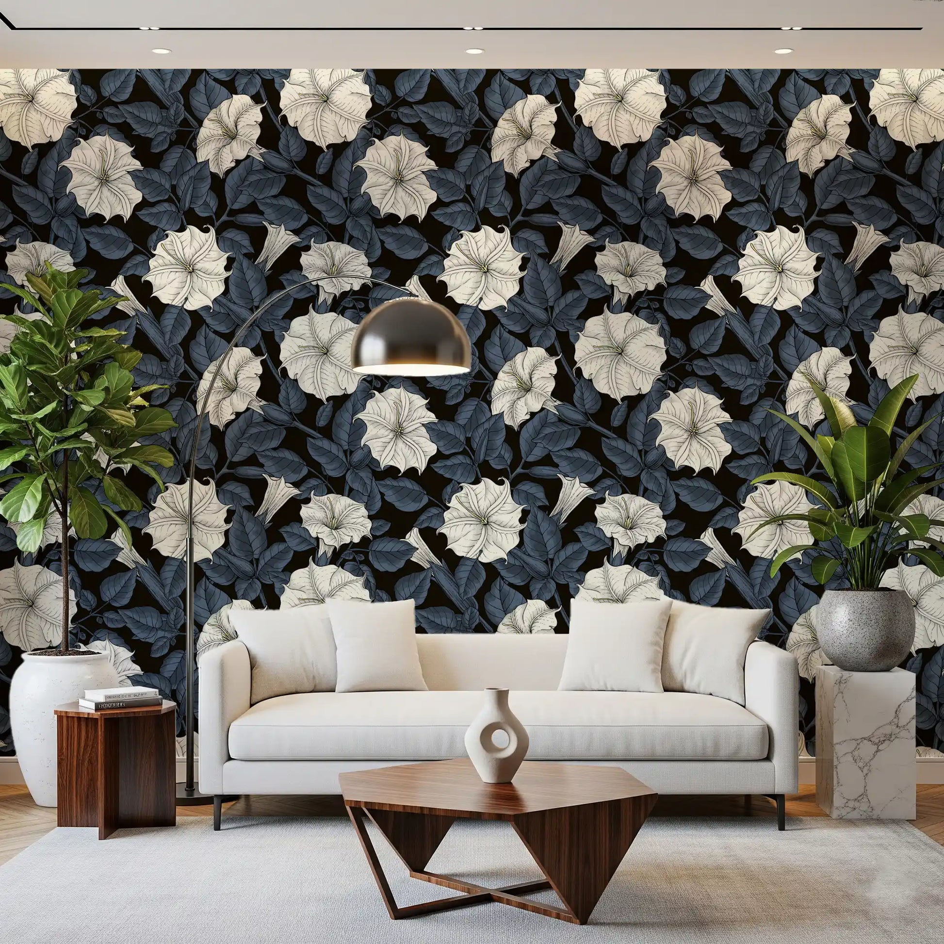 Deep floral motifs from the Moonflowers Wallpaper line this Living room.