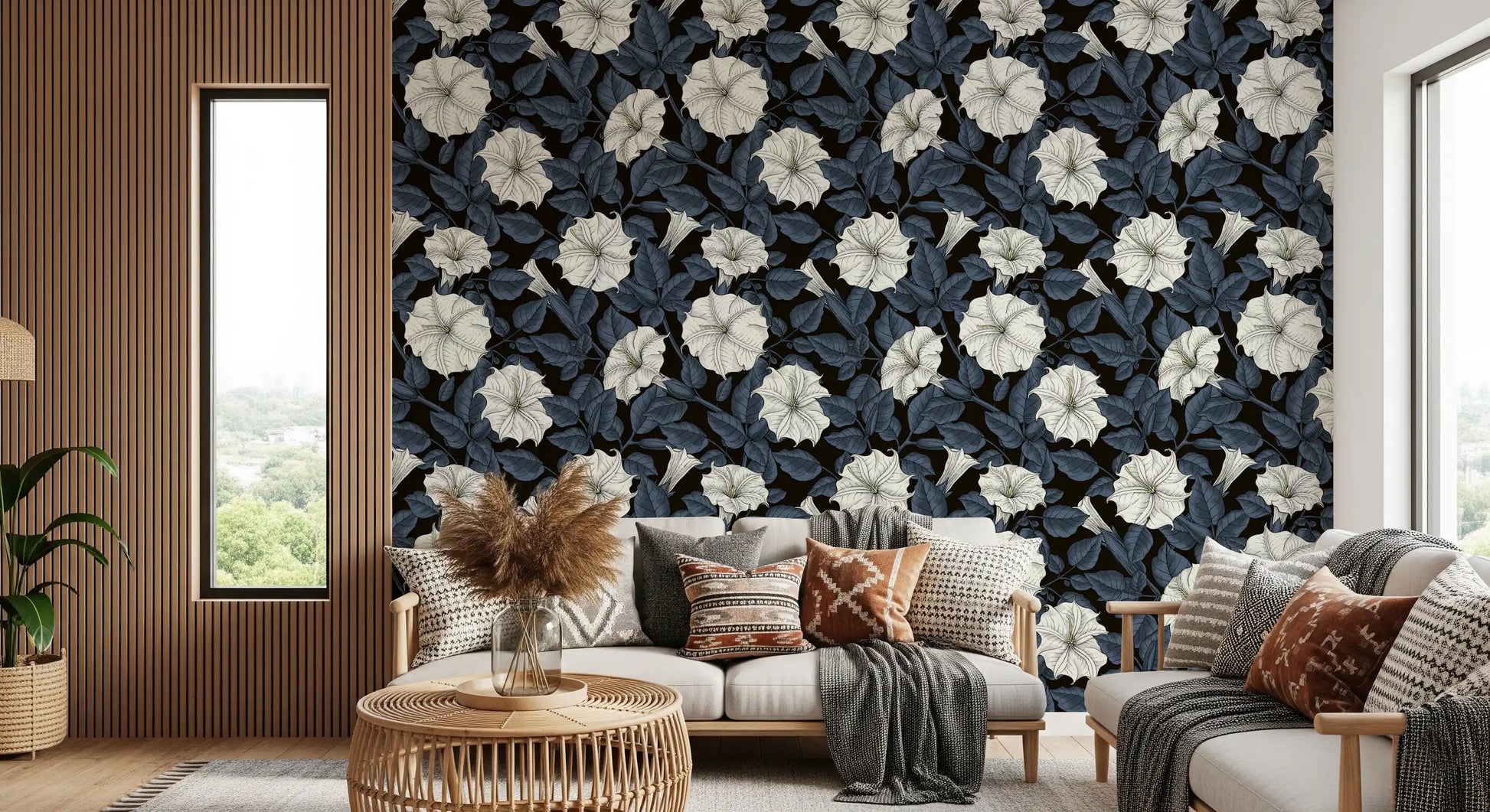 Botanical Moonflowers Wallpaper patterns define the interior of this Lounge area.