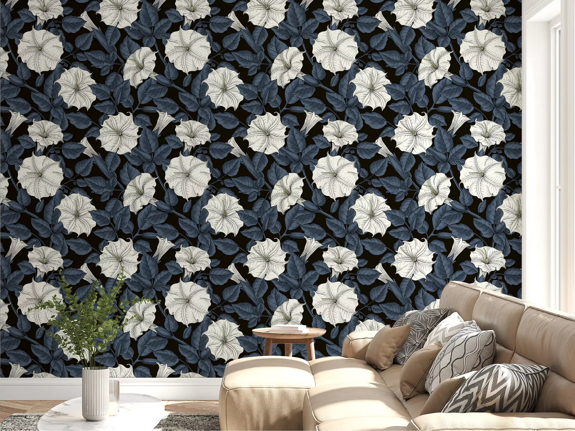 The living room displays a full perspective of the Moonflowers Wallpaper.
