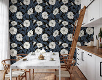 Intricate linework highlights the Moonflowers Wallpaper botanical style.