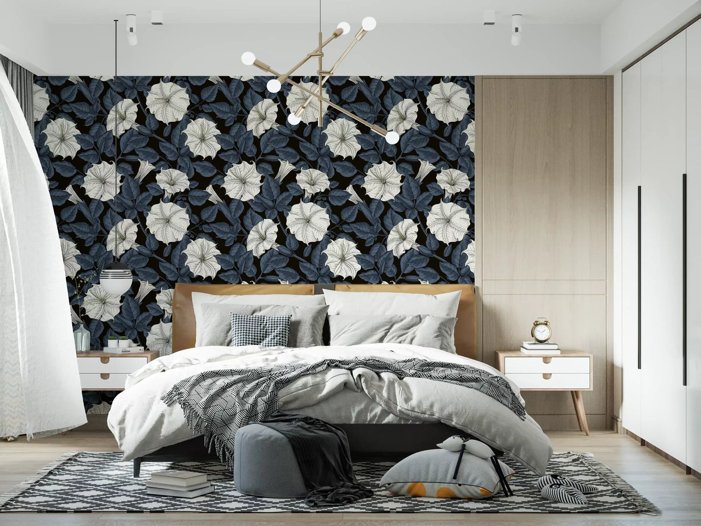 White trumpet shaped flowers bloom on the Moonflowers Wallpaper.