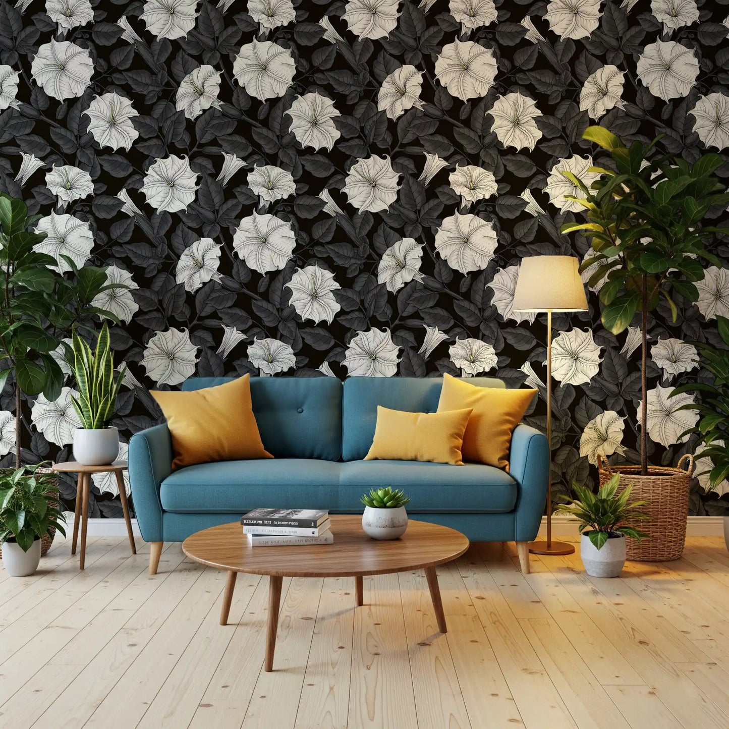 The Living room feels productive with bold moonflowers wallpaper applied.