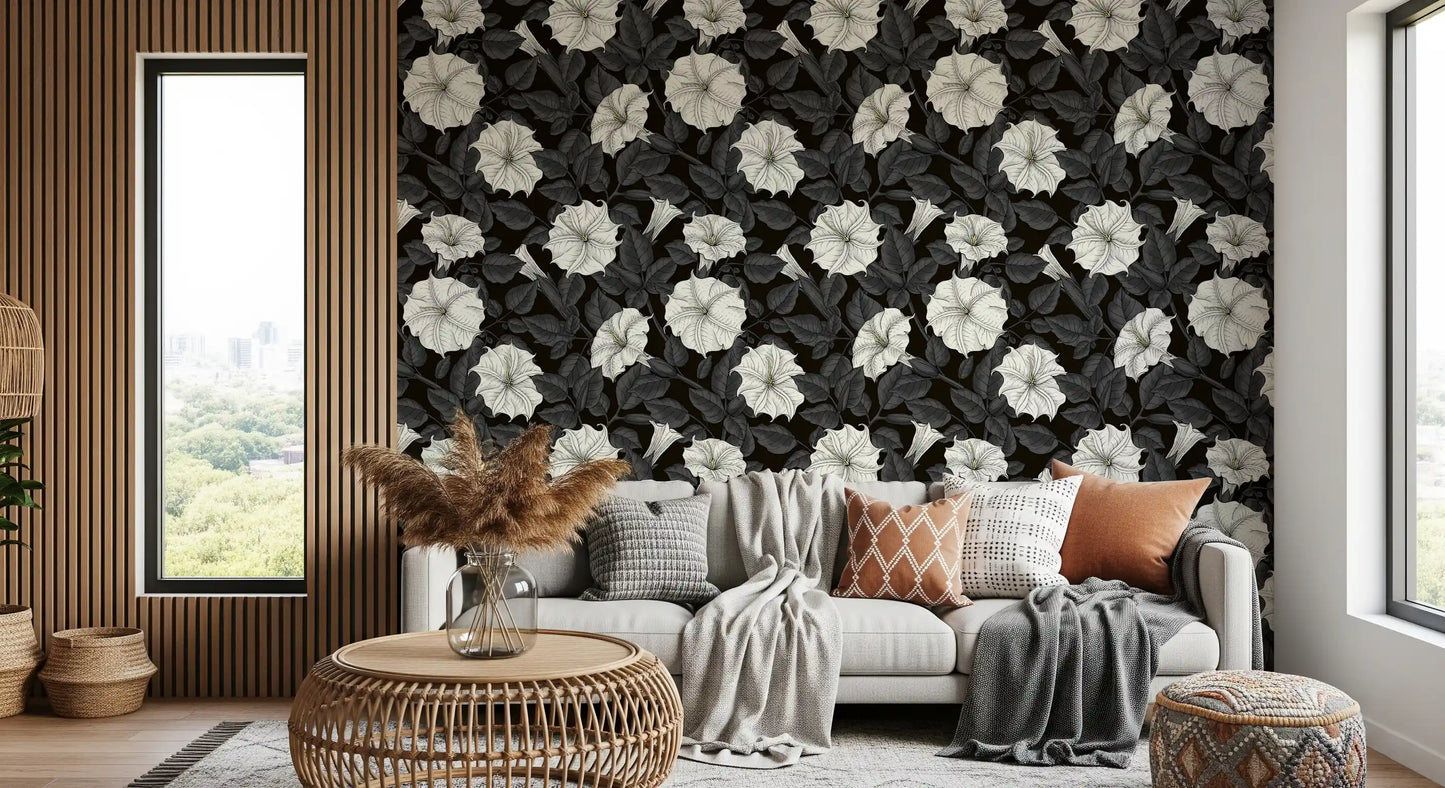 A Living room gains a sophisticated look with installed moonflowers wallpaper.