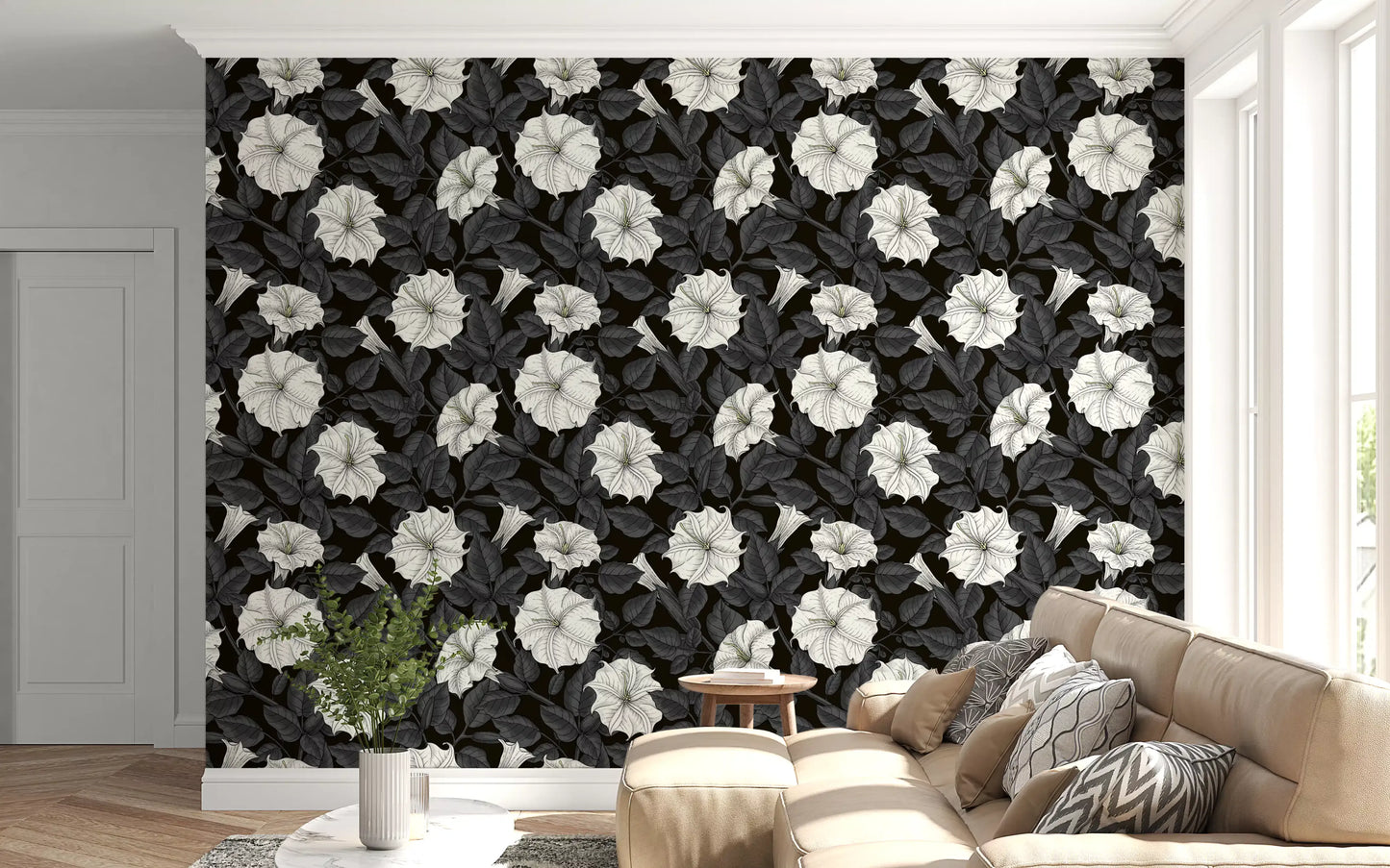 Large white blossoms pop against the dark tones of moonflowers wallpaper.