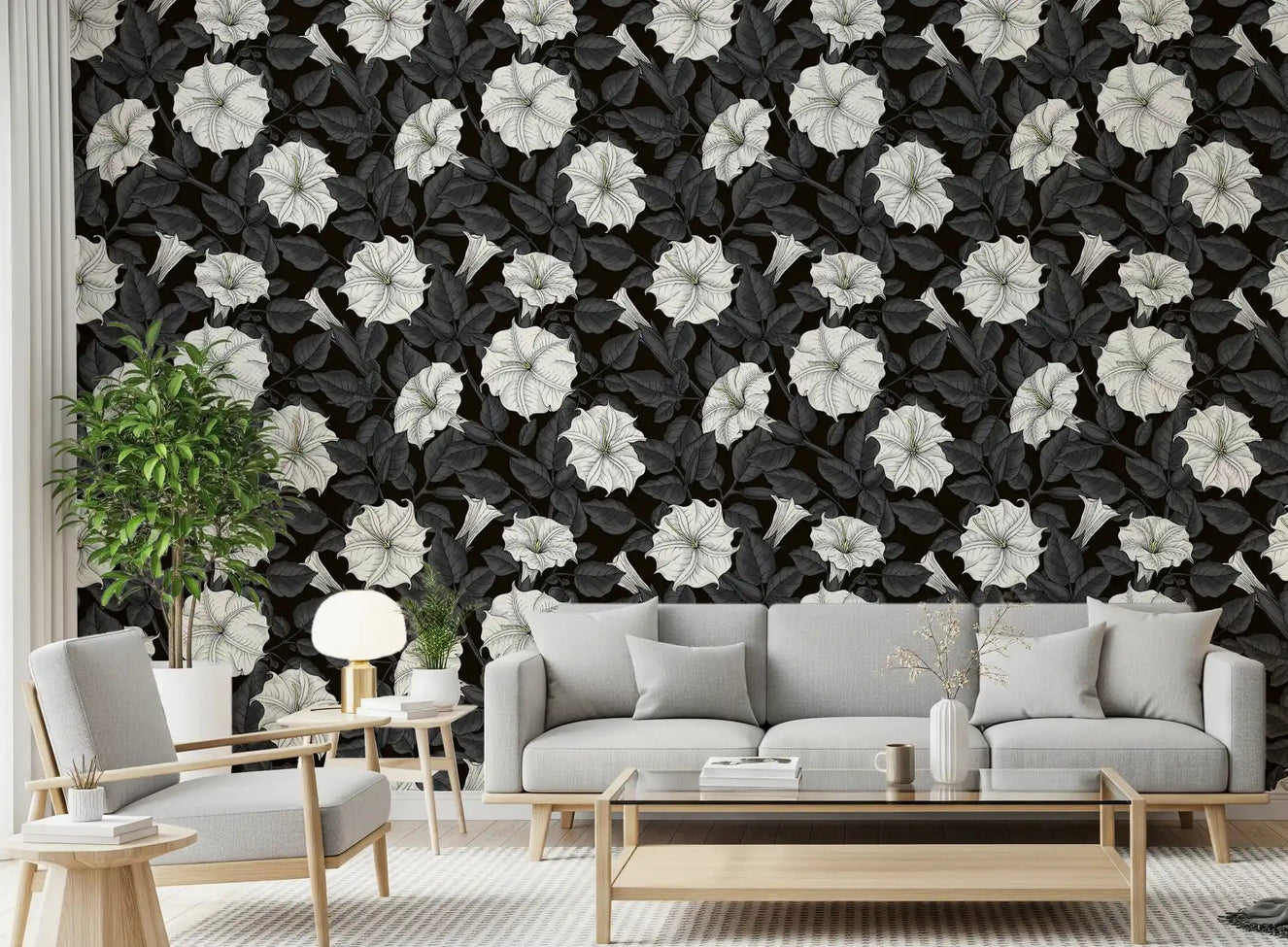 Living room areas appear balanced with this white moonflowers wallpaper.
