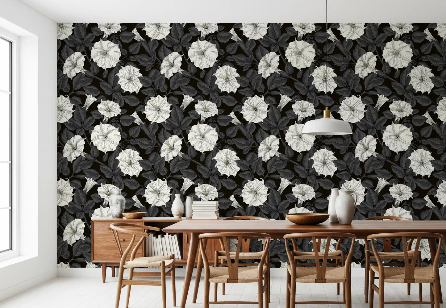 Dining room benefit from the moody aesthetic of moonflowers wallpaper.