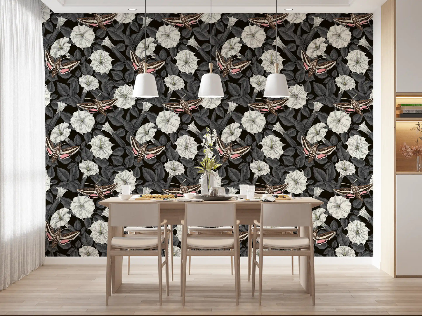 Dark wallpaper patterns create drama in this formal dining room setting.