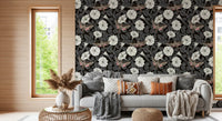 Elegant moonflower wallpaper provides a sophisticated backdrop for this living area.