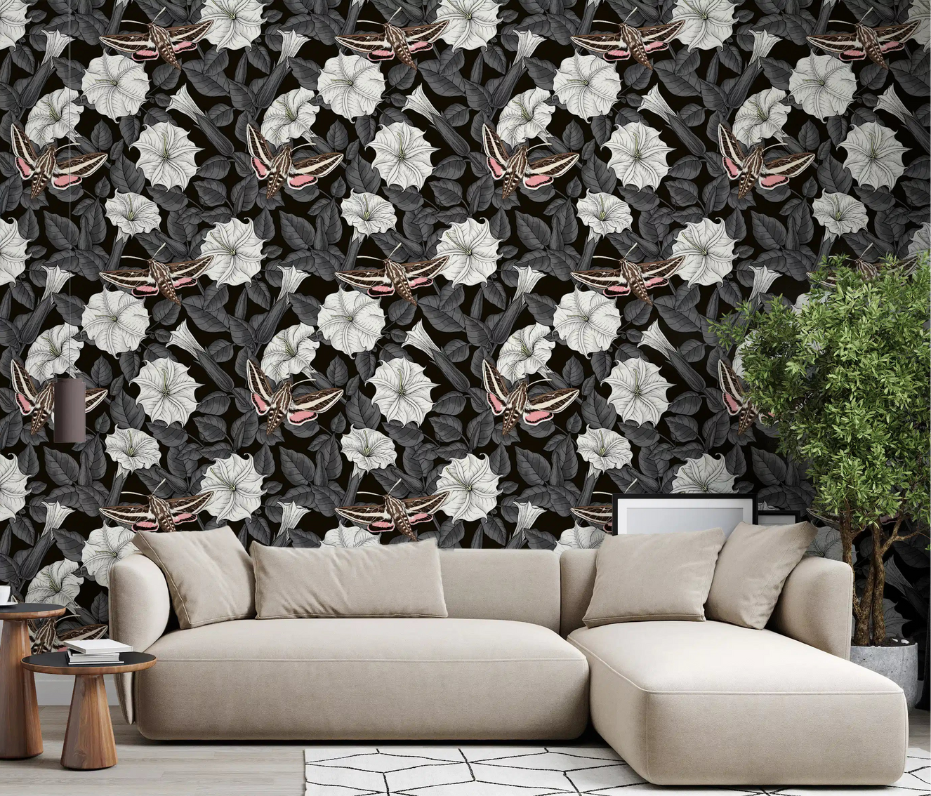 Neutral tones highlight the Moonflowers and sphinx moths wallpaper in this living room.