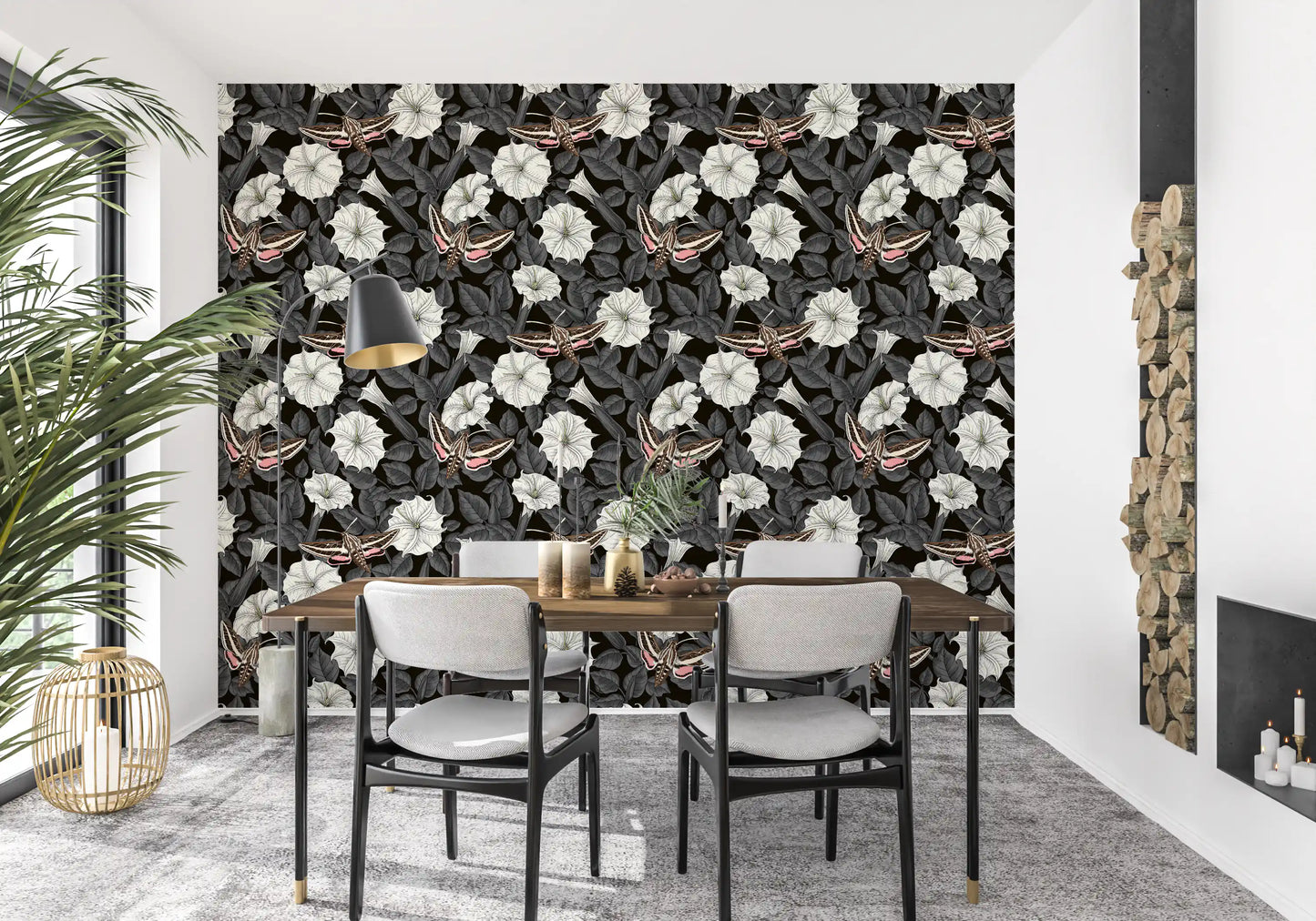 The striking Moonflowers and sphinx moths wallpaper anchors this sunlit Dining room.