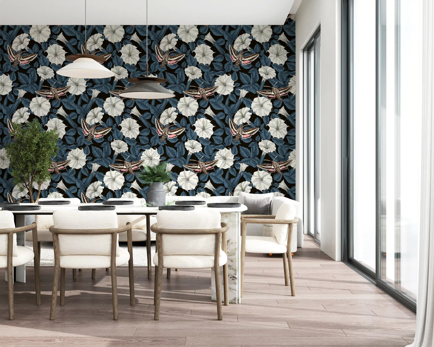 Observe the dark blue leaves on this Moonflowers wallpaper.