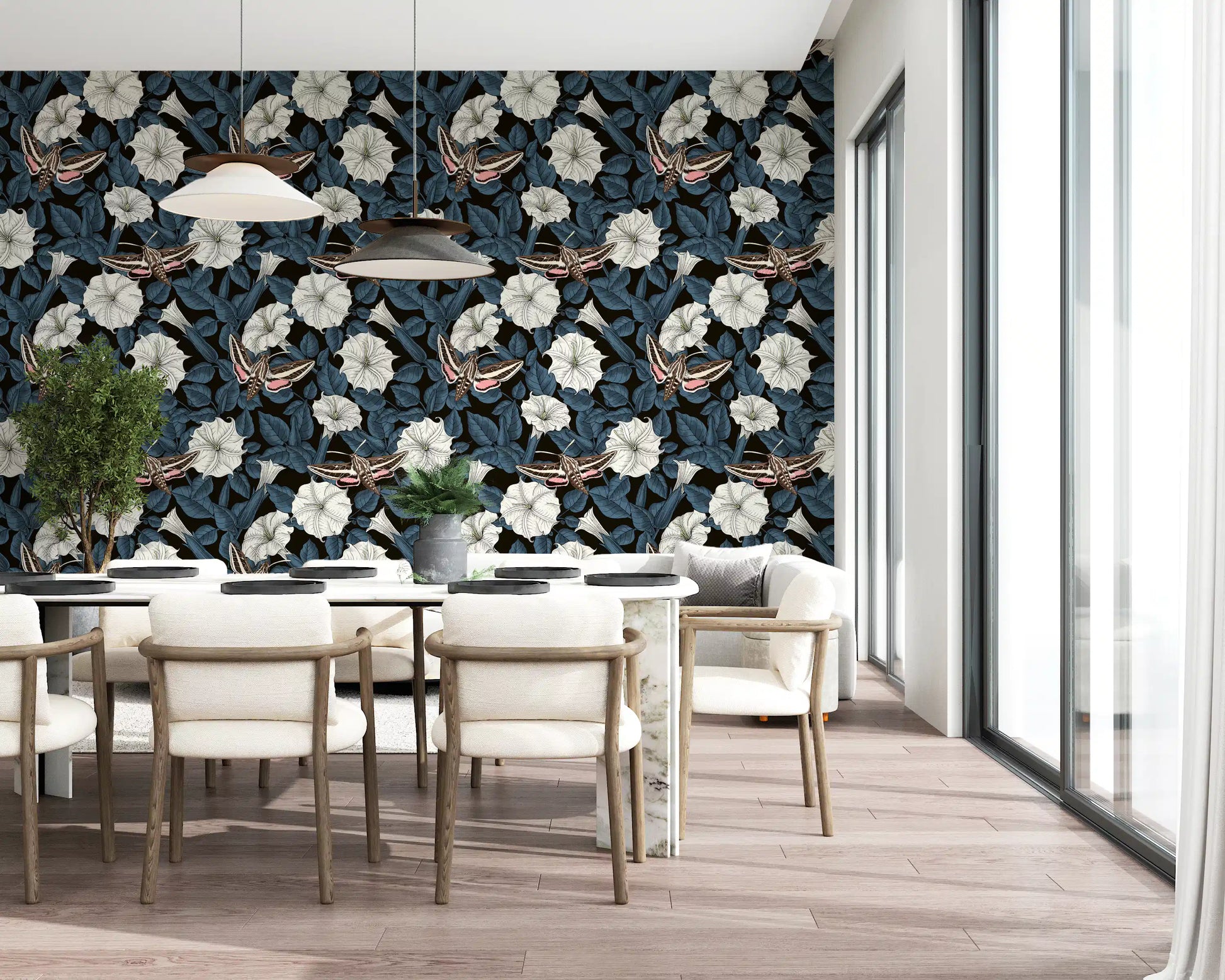 Observe the dark blue leaves on this Moonflowers wallpaper.