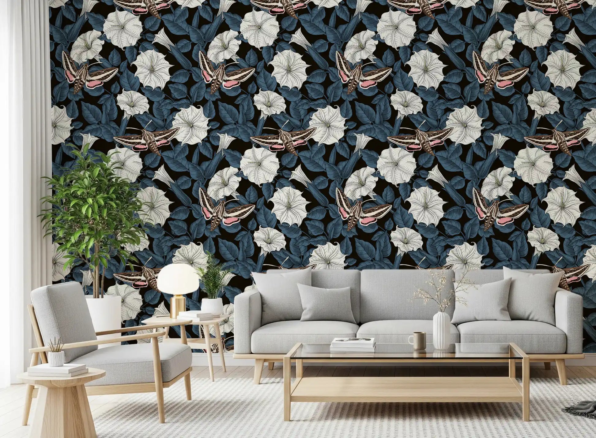 Lounge area showcasing the Moonflowers and sphinx moths wallpaper.