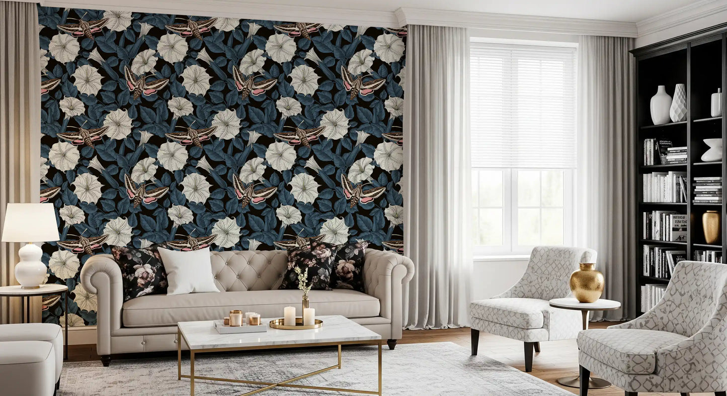 Living room finished with Moonflowers and sphinx moths wallpaper.