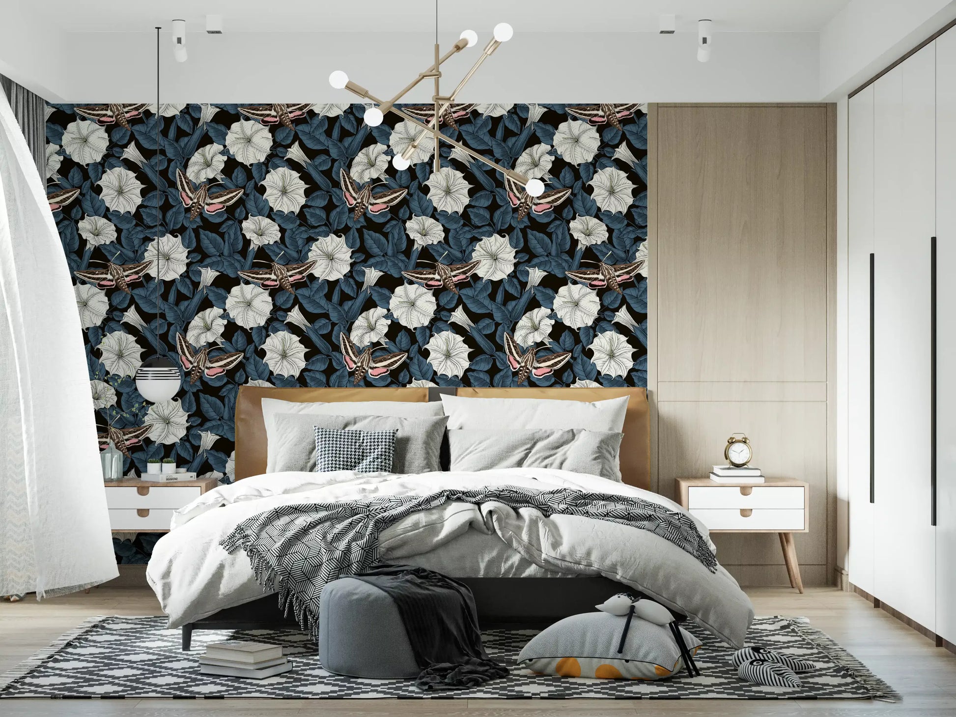 White trumpet flowers define this Moonflowers wallpaper.
