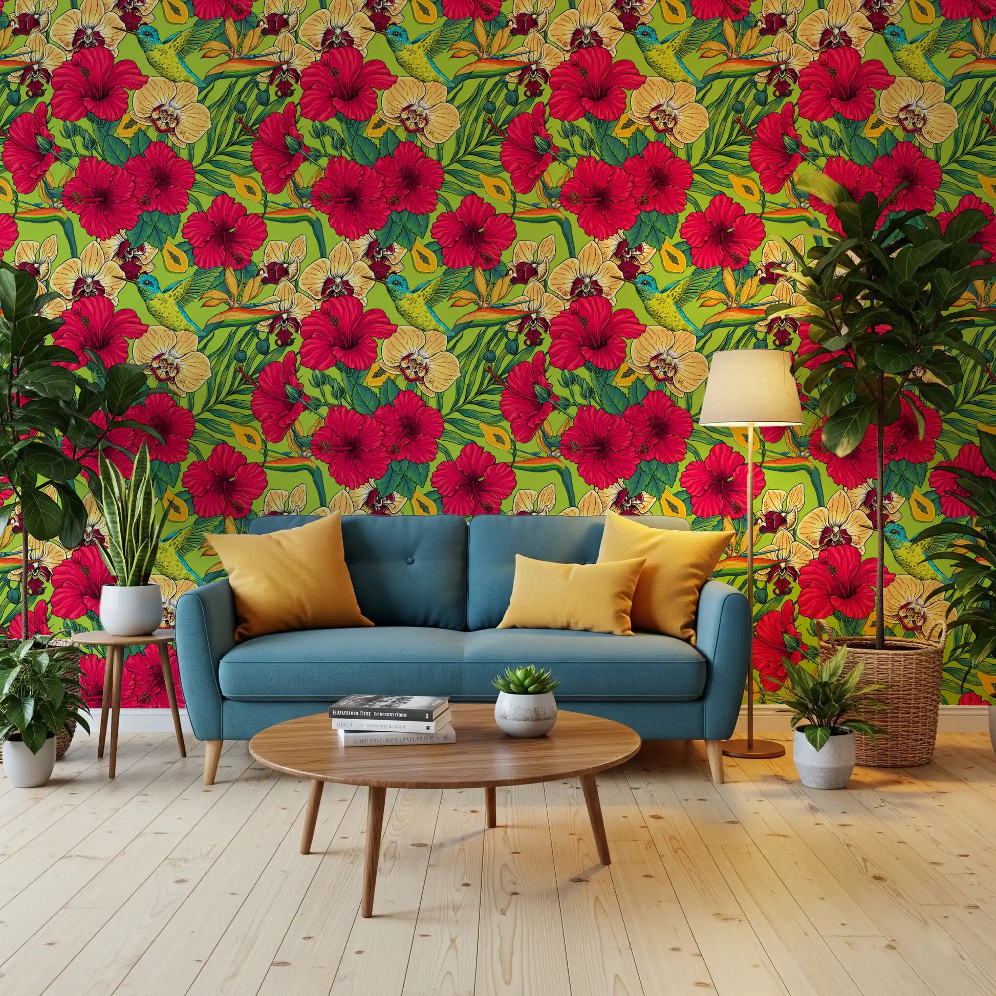 Hummingbirds hover near red hibiscus on this Tropical Florals and wallpaper.