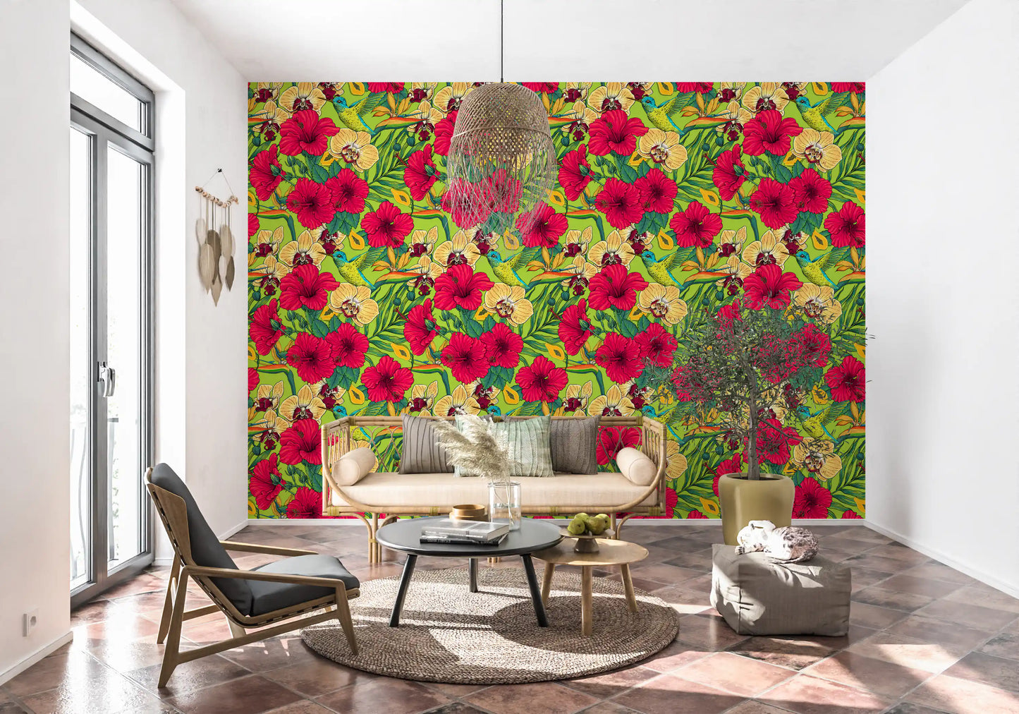 Lush green leaves fill the Tropical Florals and Hummingbird wallpaper.