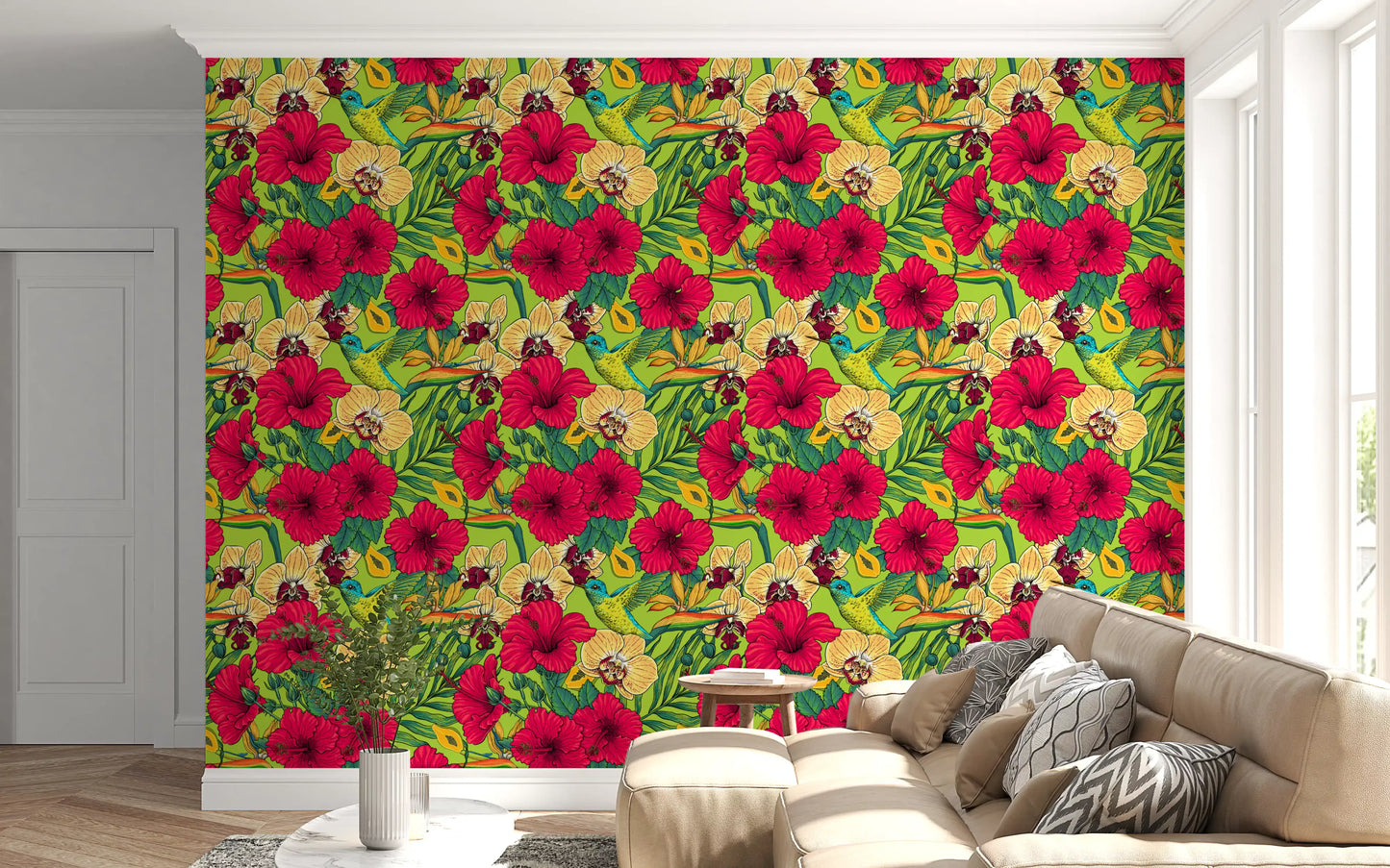 Bright yellow orchids populate the Tropical Florals and Hummingbird wallpaper.