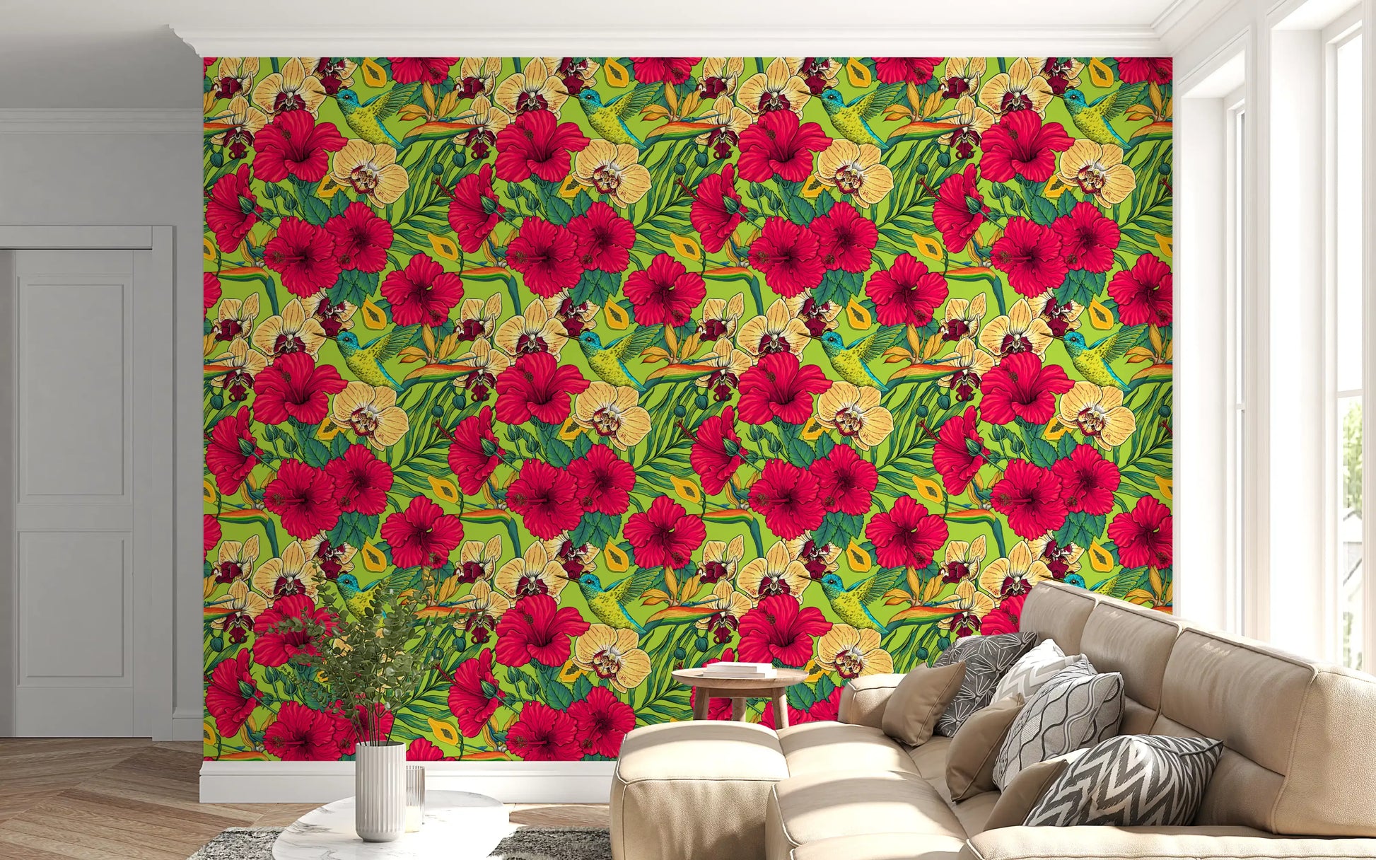 Bright yellow orchids populate the Tropical Florals and Hummingbird wallpaper.