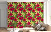 Bright yellow orchids populate the Tropical Florals and Hummingbird wallpaper.
