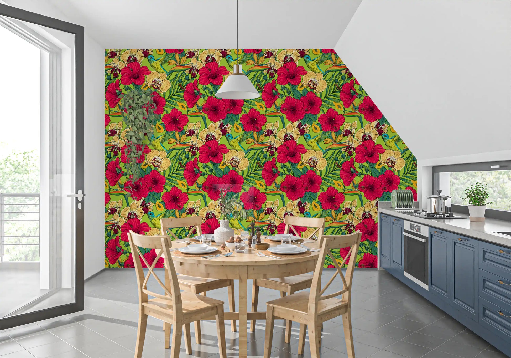 Kitchen areas benefit from the Tropical Florals and Hummingbird wallpaper.