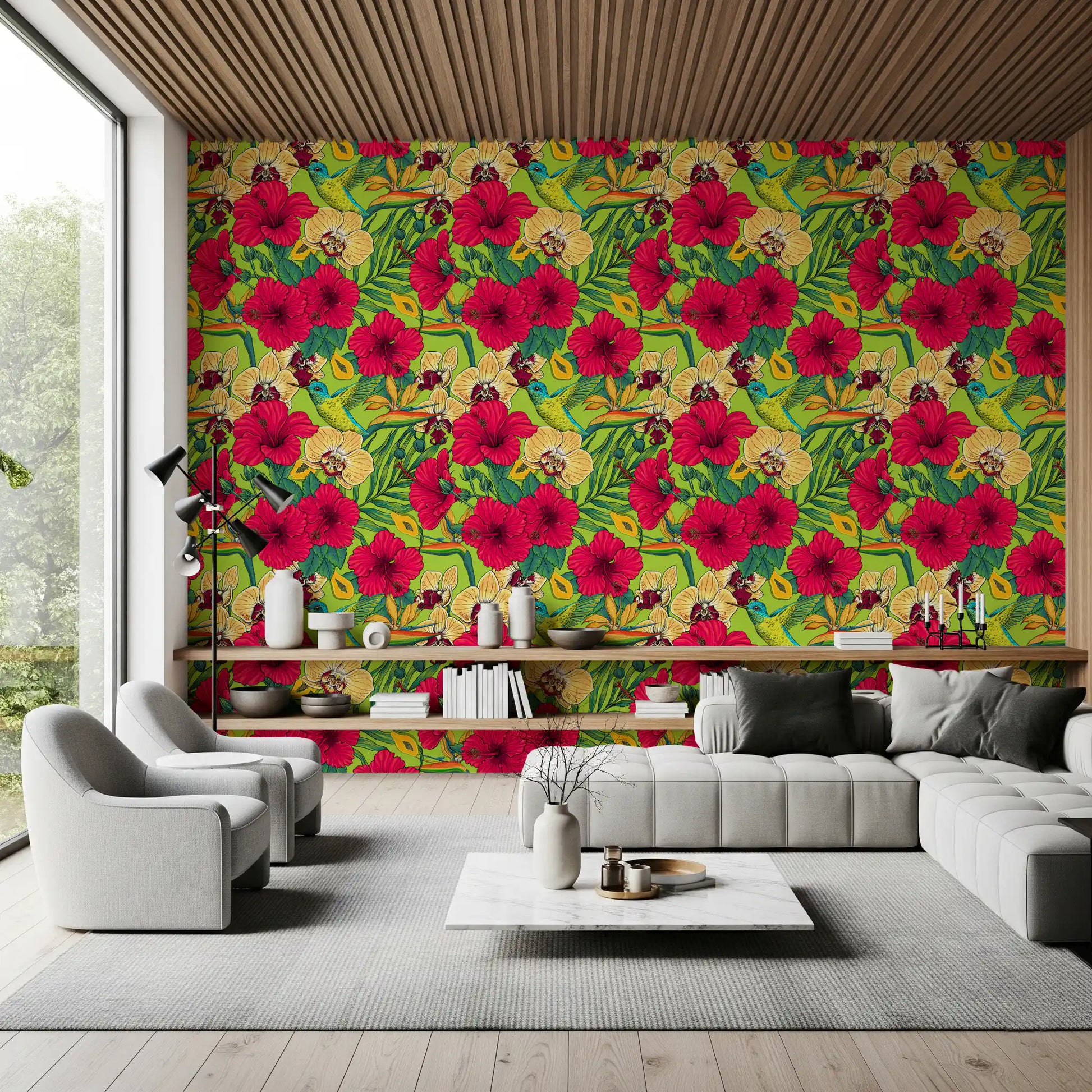 A modern Lounge holds the Tropical Florals and Hummingbird wallpaper.