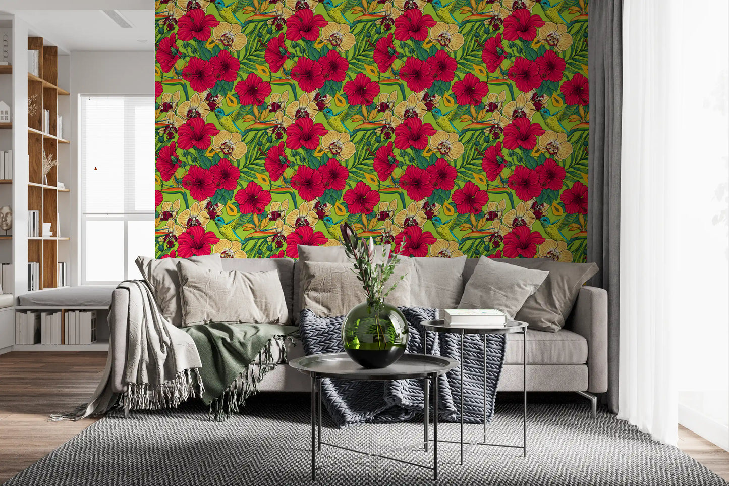 Bright Living room the Tropical Florals and Hummingbird wallpaper.