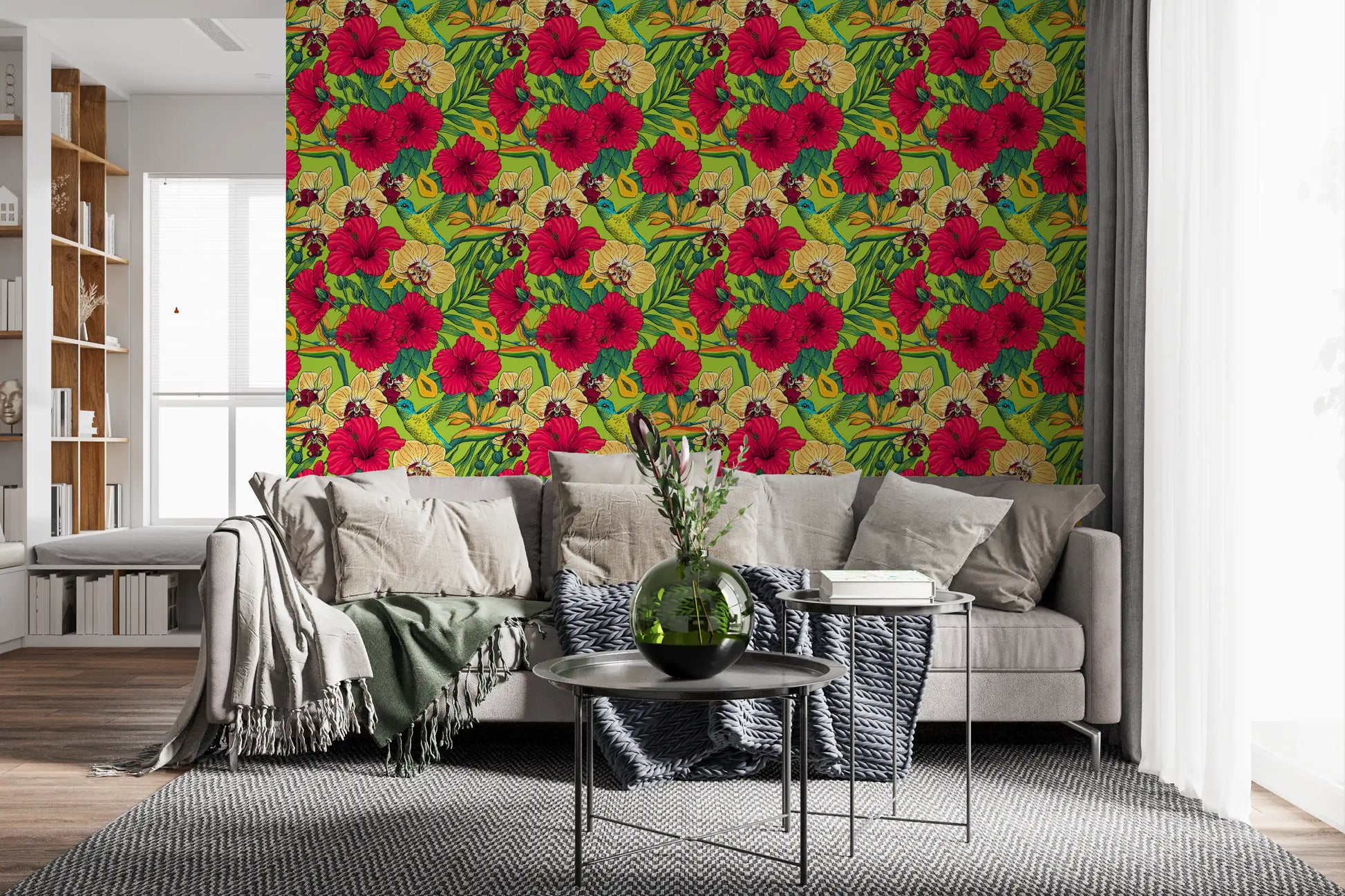 Bright Living room the Tropical Florals and Hummingbird wallpaper.