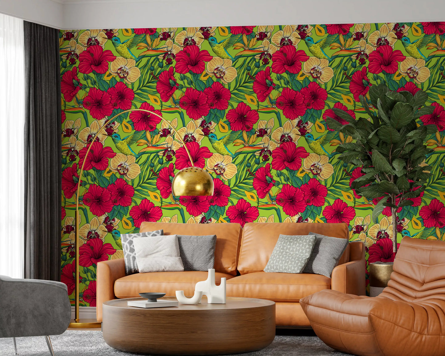 Living room nooks utilize the Tropical Florals and Hummingbird wallpaper.