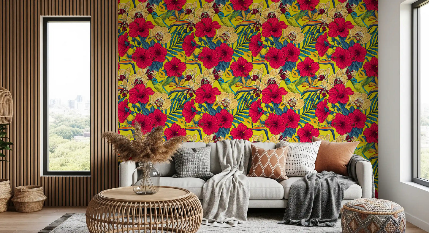 Tropical Florals and Hummingbird - Summer Botanical Garden Wallpaper details.
