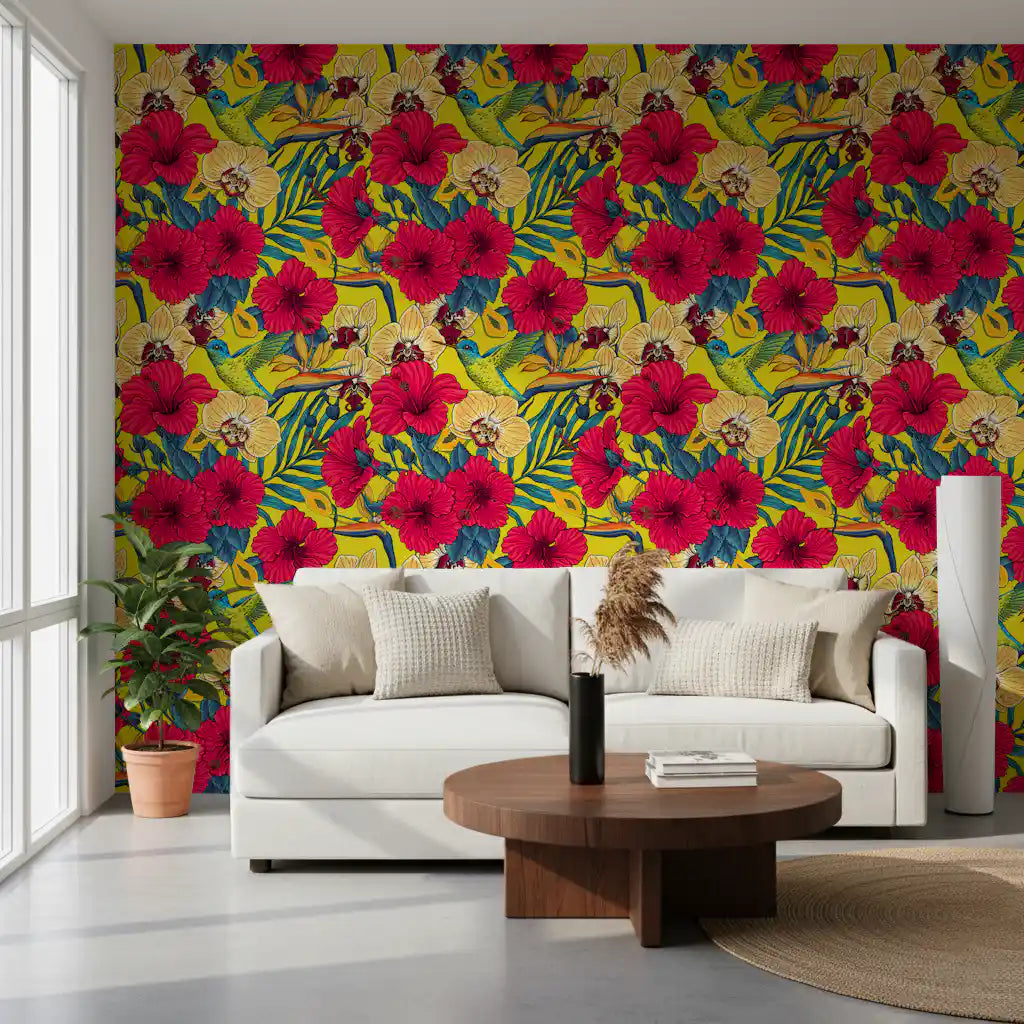 Lounge lined with Tropical Florals and Hummingbird - Summer Botanical Garden Wallpaper.