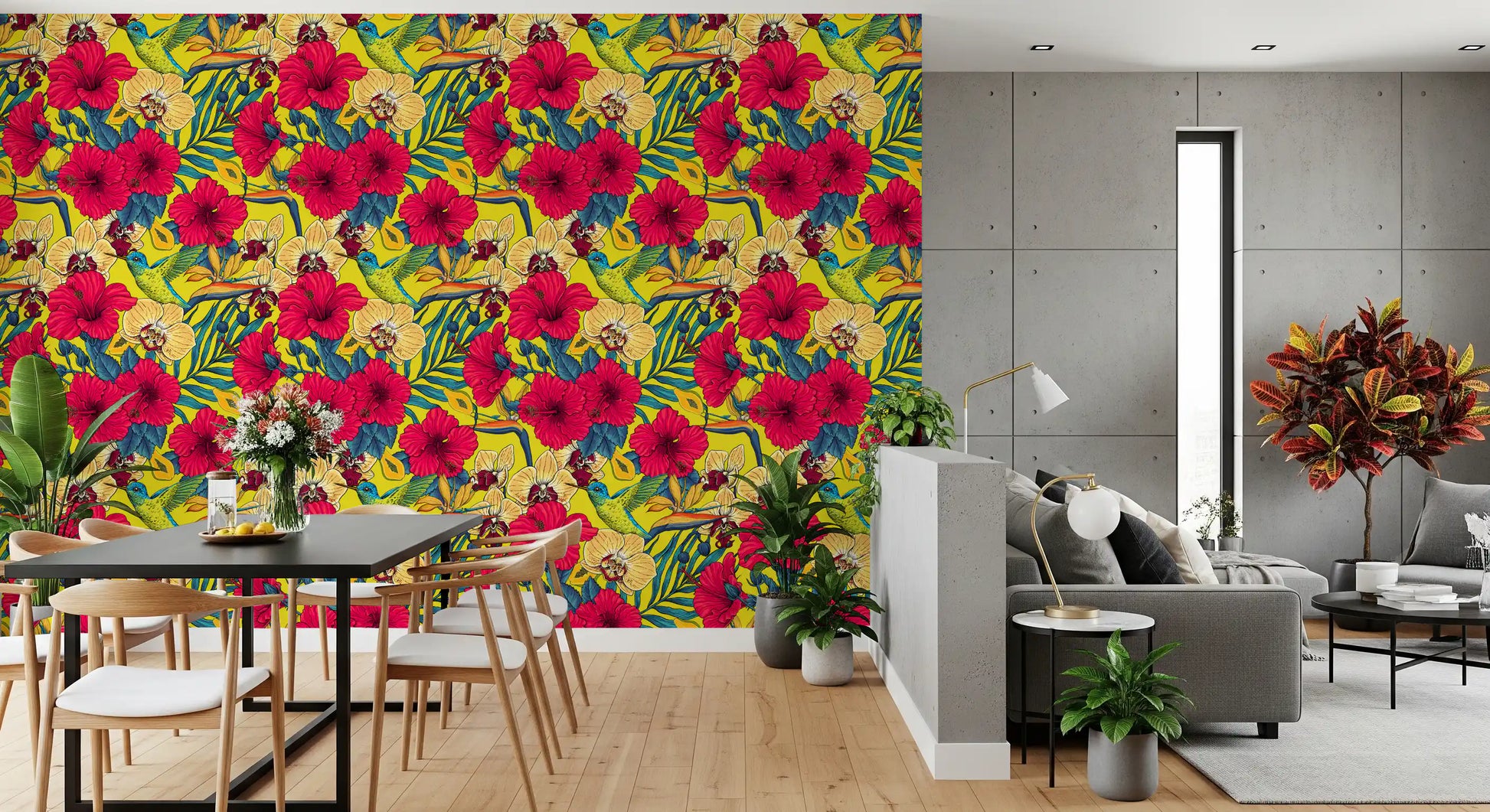leaves and pink petals on Florals wallpaper throughout a sunny kitchen-dining room.
