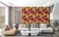 Vibrant Botanical wallpaper a modern lounge space with pink and yellow flowers.