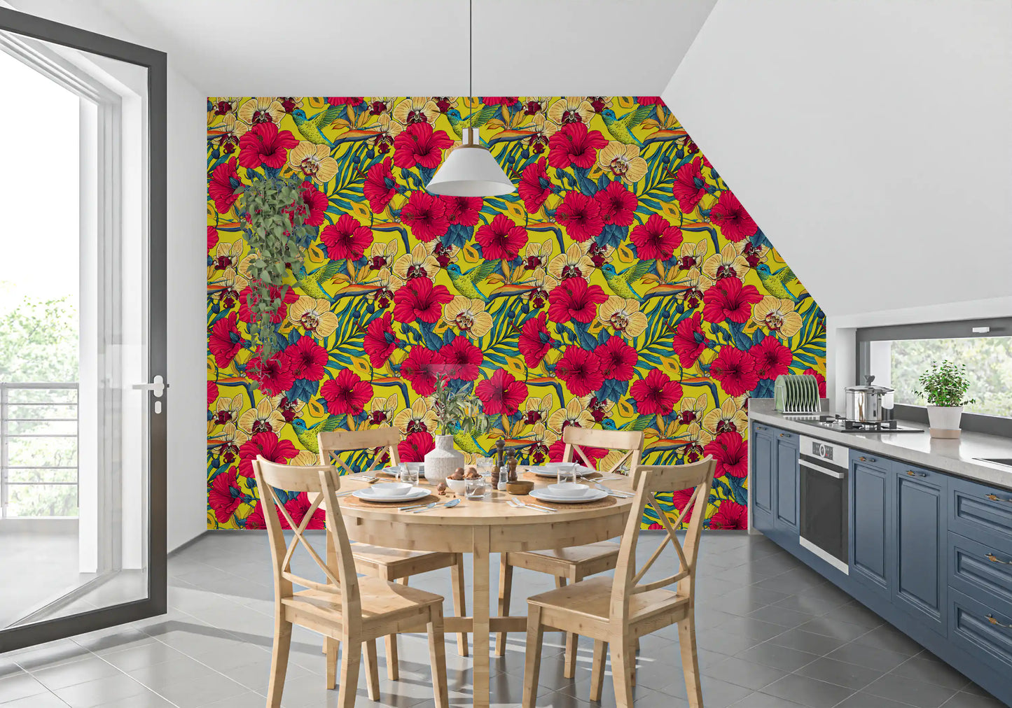A Kitchen and dining area lush Hummingbird wallpaper with dense green foliage.