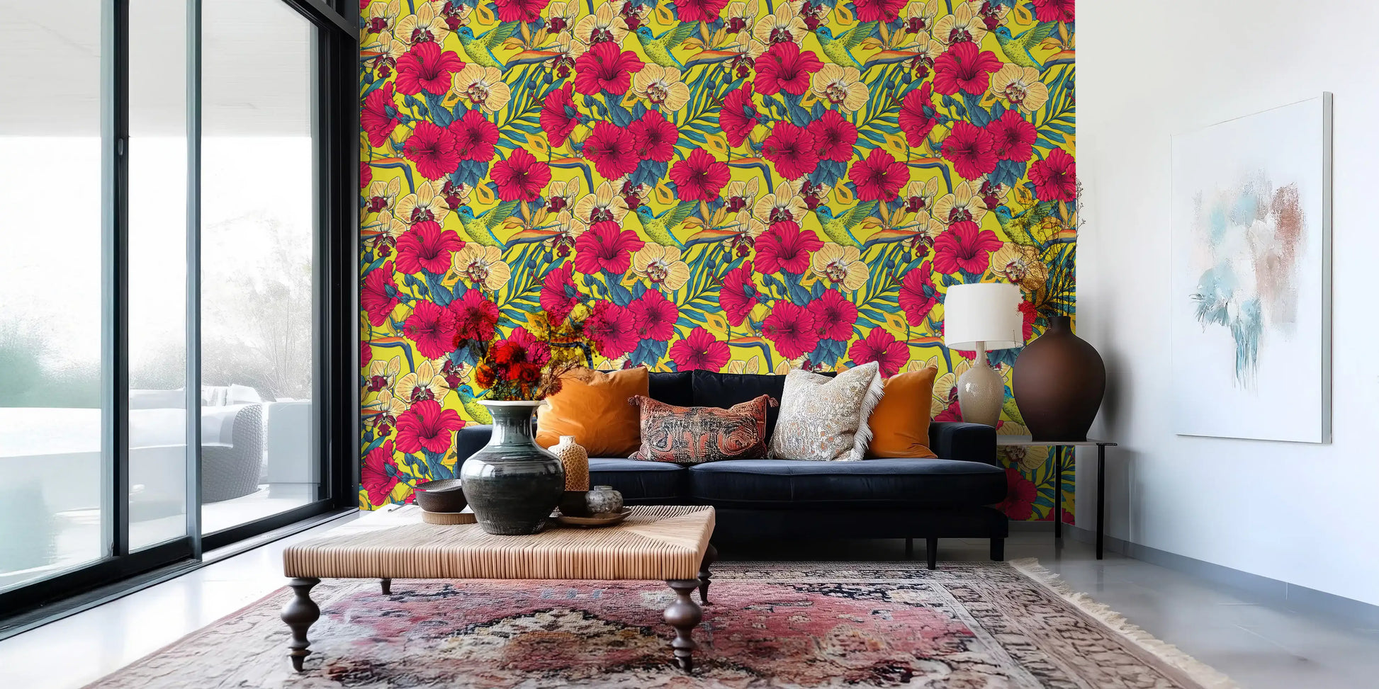Open plan living area updated with yellow Tropical wallpaper featuring bold hibiscus.