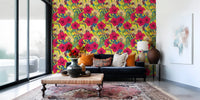 Open plan living area updated with yellow Tropical wallpaper featuring bold hibiscus.