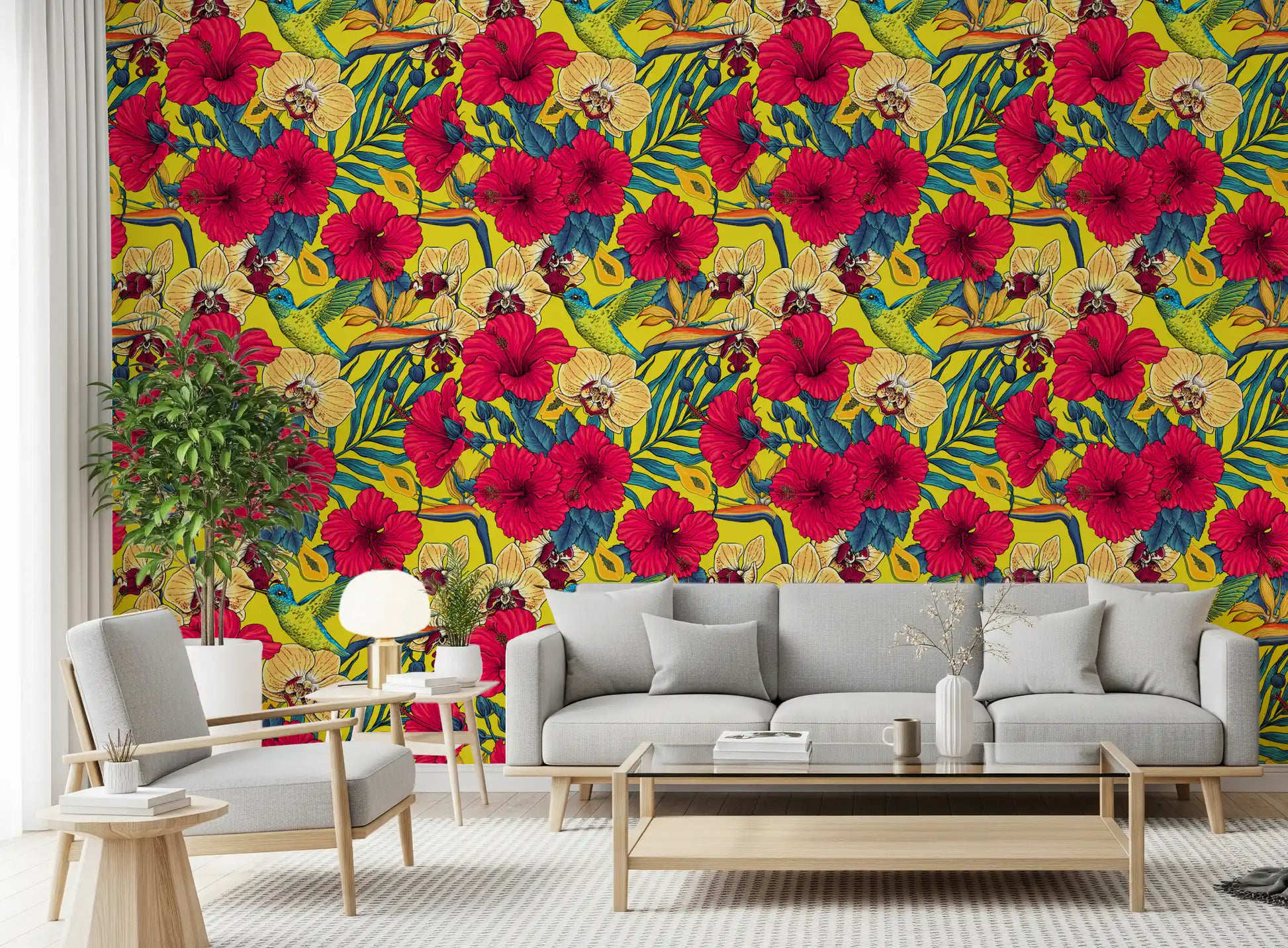 Red hibiscus blossoms dominate the vibrant yellow Summer wallpaper pattern.