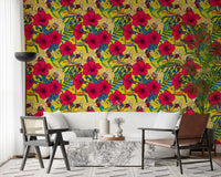 Tropical Florals and Hummingbird - Summer Garden Wallpaper in a Living room.