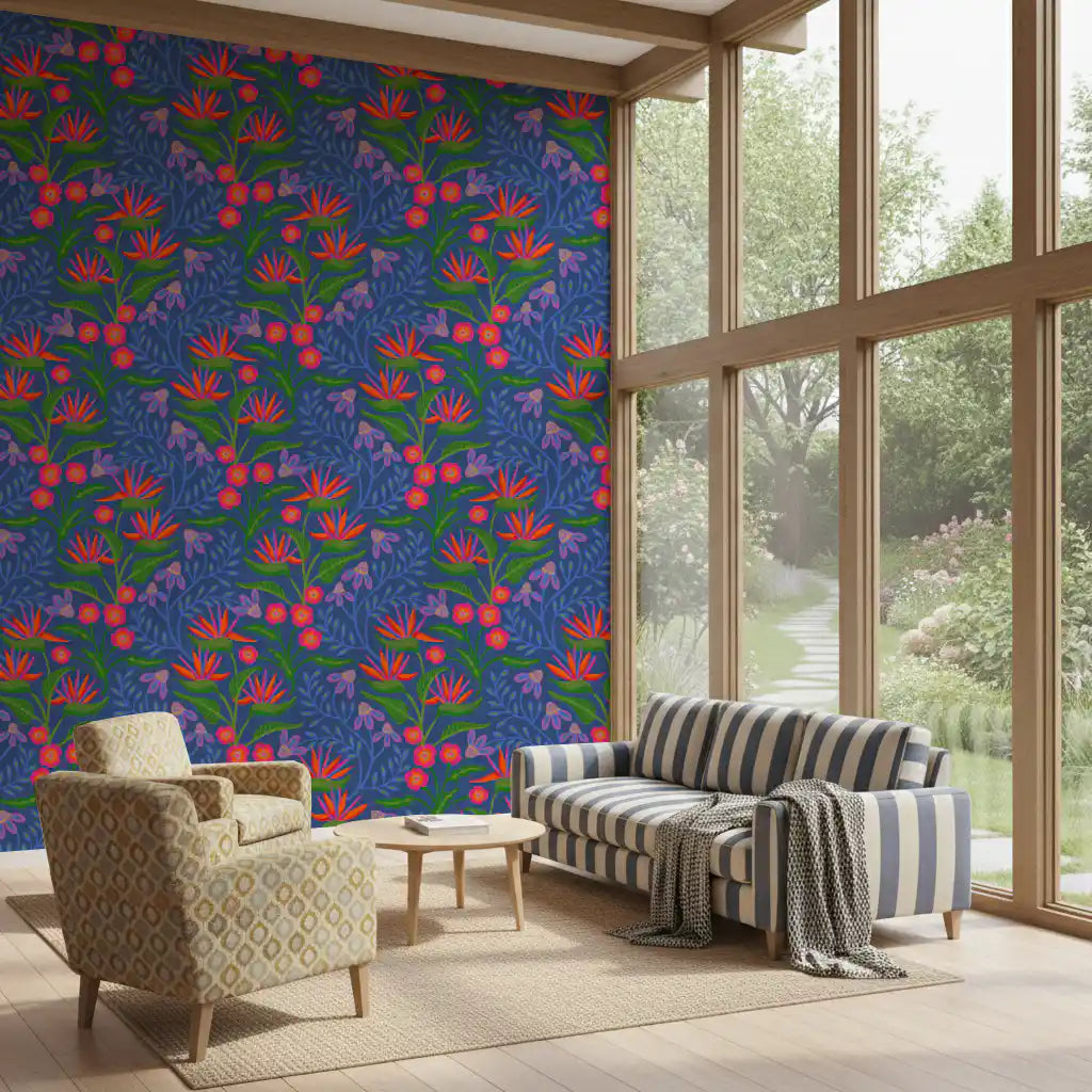 Deep navy backgrounds highlight Tropical Tangle Floral Bird of Paradise Blue Wallpaper.